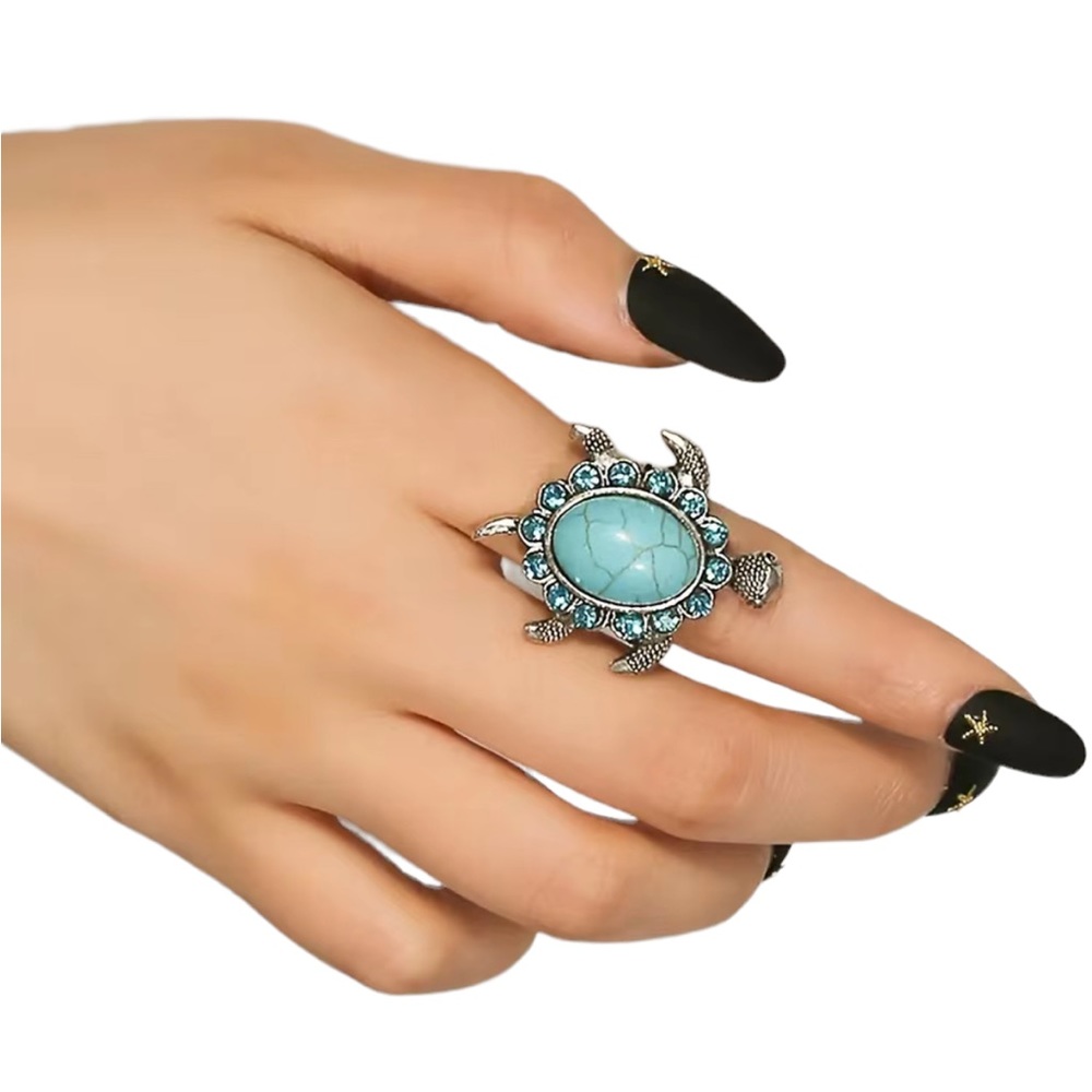 Turquoise and Rhinestone Silver Turtle Ring
